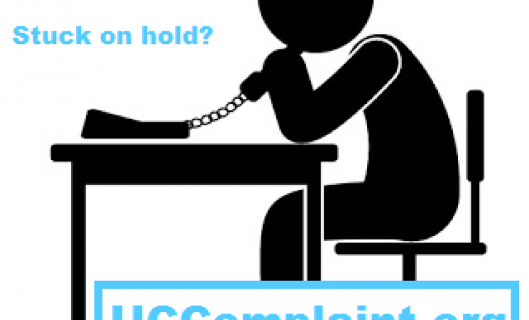 Black icon of a person on the phone with a white background. Blue text reads "Not getting past a busy signal?" "Stuck on hold?" UCComplaint.org Get Resources. Share your Story.