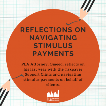 A graphic image with the text "Reflections on Navigating Stimulus Payments" in bold lettering