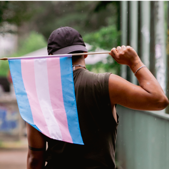A person in a black baseball hat and black tanktop stands with their back to the camera holding a transgender pride flag behind them